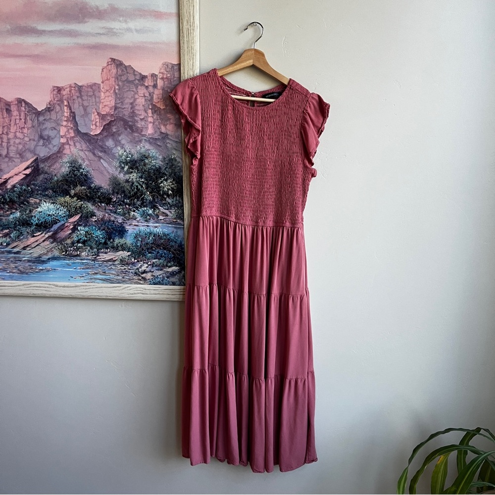 Flutter Short Sleeve Smocked Midi Dress